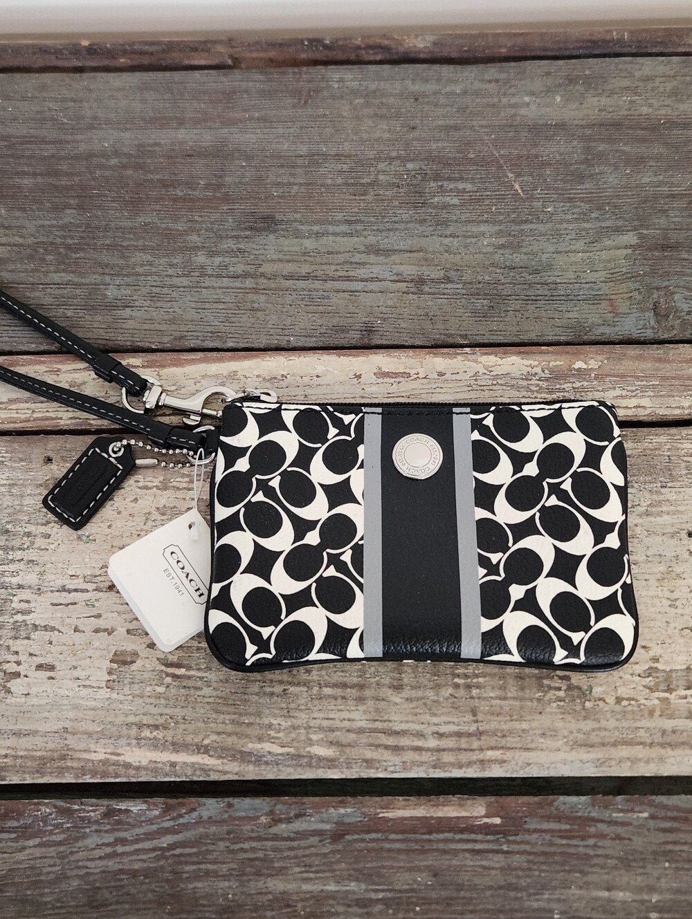 NWT Coach Signature Stripe Chelsea C Monogram Wristlet Wallet Black White